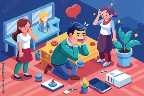 Three friends convene in a living room, sharing emotions while one expresses distress, supporting each other, Customizable isometric illustration that evokes jealousy.