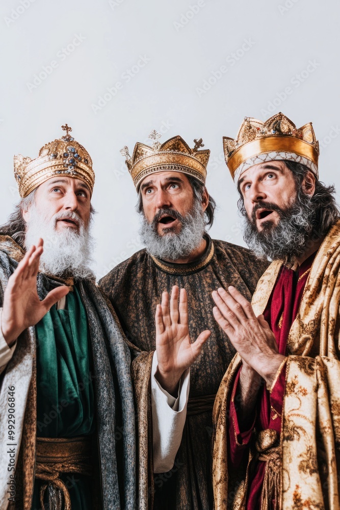 Three wise men in crowns gesturing upward in surprise Three wise men in crowns gesturing upward in surprise