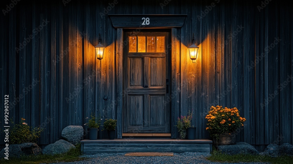 Fototapeta premium A warmly lit entrance featuring a wooden door and potted flowers, creating an inviting atmosphere.