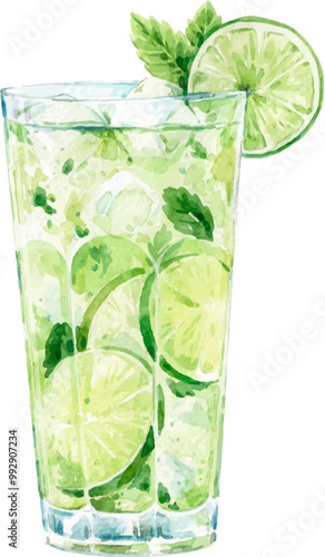 Watercolor vector Mojito illustration. Alcohol long drink clipart. Glass of cocktail. Club shake beverage hand drawn illustration. Stock print.