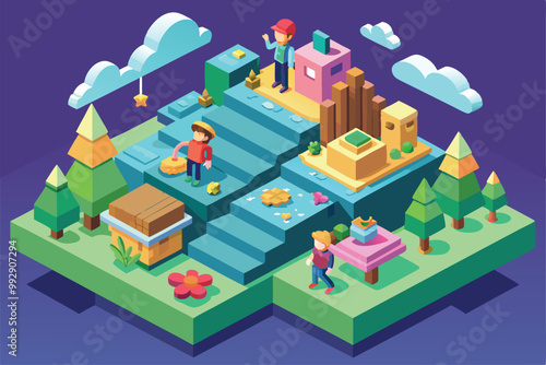 This colorful illustration features cheerful characters interacting with playful elements in a whimsical landscape, Customizable Isometric Illustration to Cheer You Up