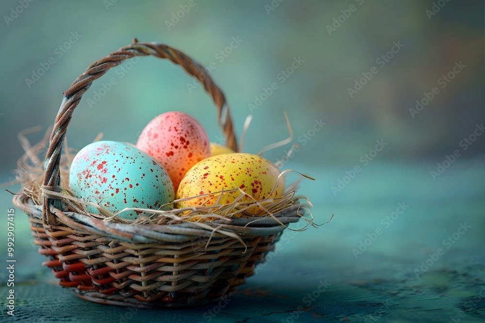 Colorful Easter Eggs in a Straw Basket Easter Celebration Concept for Card or Poster Design Colorful Easter Eggs in a Straw Basket Easter Celebration Concept for Card or Poster Design