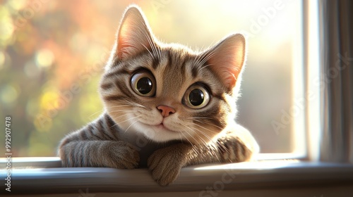 Wallpaper Mural A cute tabby cat with large eyes resting on a windowsill, bathed in soft sunlight. Torontodigital.ca