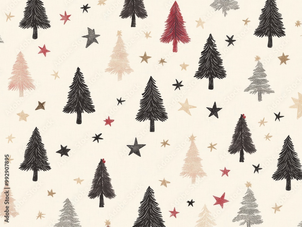 Obraz premium 2408 47.A seamless beige pastel pattern with Christmas trees and stars scattered across a light background. The New Year pines are illustrated in a simple, hand-drawn style, creating a festive yet