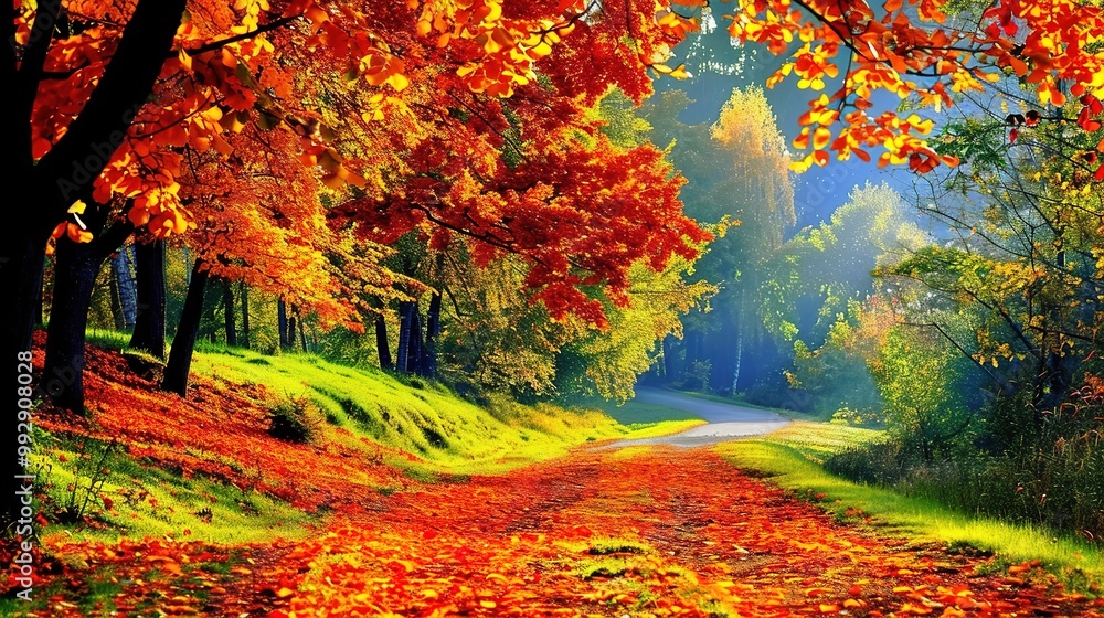 Fototapeta premium Stunning Natural Autumn Forest Scenery: A Captivating Display of Seasonal Beauty. Explore the Golden Tones and Serene Charm.