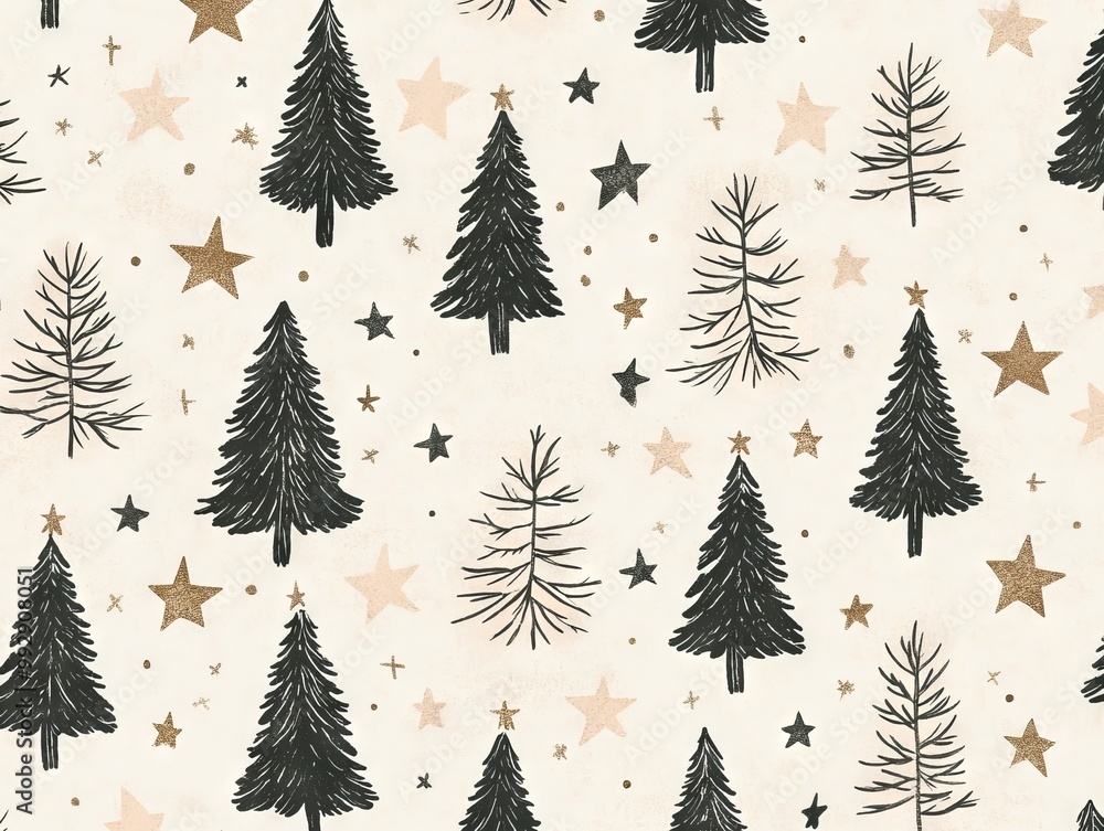 Obraz premium 2408 50.A repeating pattern of Christmas trees and stars on a soft beige pastel background. The hand-drawn New Year pines are complemented by small star details, creating a serene and festive holiday