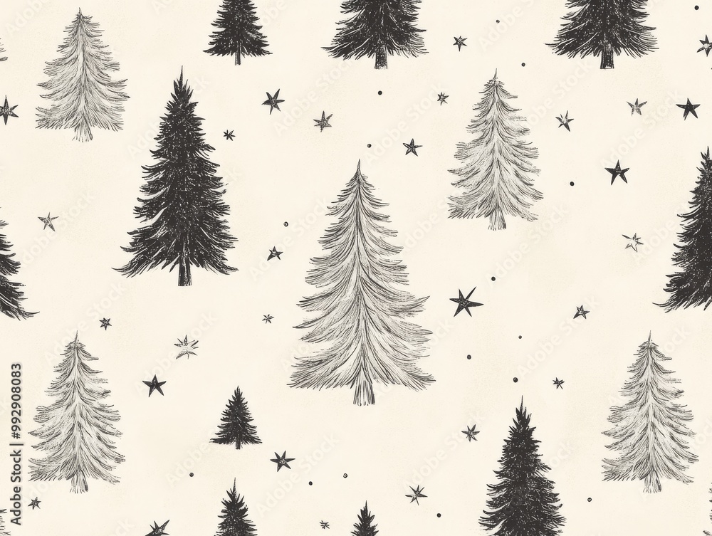Fototapeta premium 2408 50.A repeating pattern of Christmas trees and stars on a soft beige pastel background. The hand-drawn New Year pines are complemented by small star details, creating a serene and festive holiday