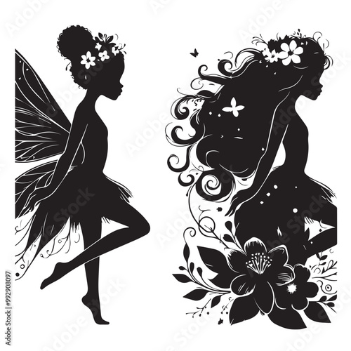 Beautiful Black girl fairy illustration vector silhouette full black color 