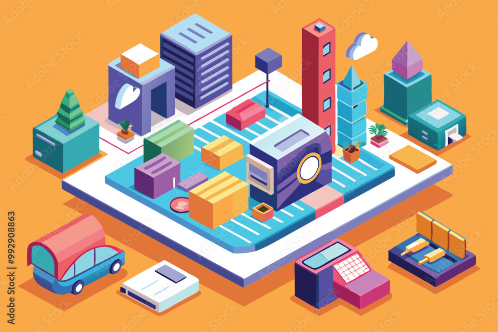 A lively urban layout features buildings, greenery, and vehicles, showcasing a customizable isometric design, Customizable isometric illustration with focus. A lively urban layout features buildings, greenery, and vehicles, showcasing a customizable isometric design, Customizable isometric illustration with focus.