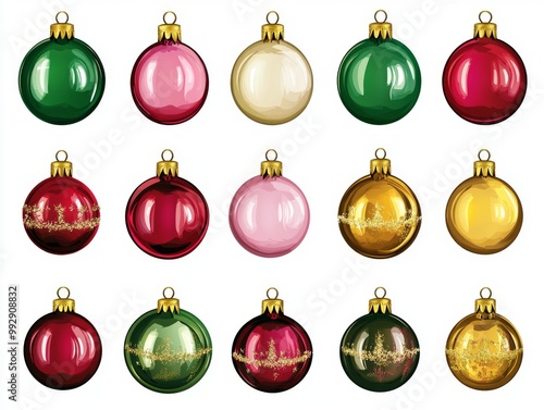 2408 61.A vibrant vector set of Christmas tree ornaments, featuring colorful baubles in red, green, gold, and pink. Each ornament is richly detailed with glossy finishes, creating a festive and