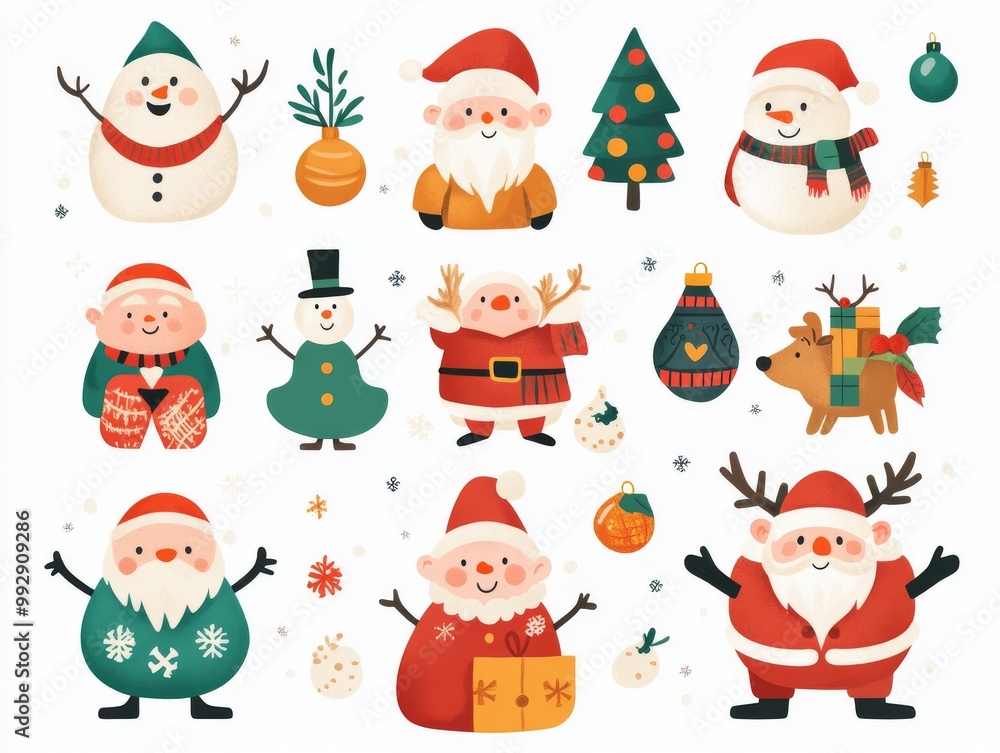 2408 67.A cheerful set of Christmas and New Year cartoon characters, featuring Santa, reindeer, snowmen, and holiday-themed decorations. Each character is drawn in a fun, whimsical style, ideal for 2408 67.A cheerful set of Christmas and New Year cartoon characters, featuring Santa, reindeer, snowmen, and holiday-themed decorations. Each character is drawn in a fun, whimsical style, ideal for