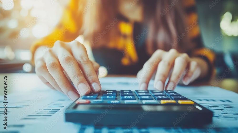 A person using a calculator while working on paperwork. A person using a calculator while working on paperwork.