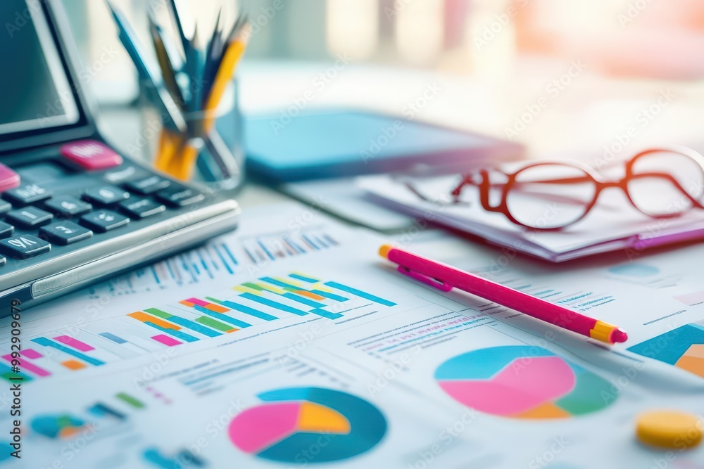 Accountant workspace, tax documents, financial charts, 3D illustration Accountant workspace, tax documents, financial charts, 3D illustration