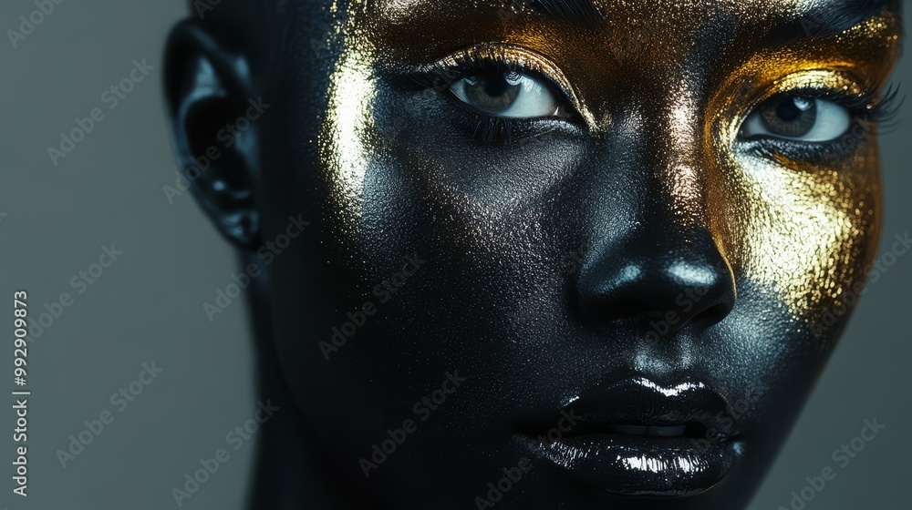 Close-up of a person with dramatic gold and black makeup, highlighting their eyes and glossy lips against a dark background. Close-up of a person with dramatic gold and black makeup, highlighting their eyes and glossy lips against a dark background.