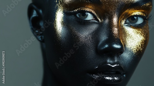 Close-up of a person with dramatic gold and black makeup, highlighting their eyes and glossy lips against a dark background. photo