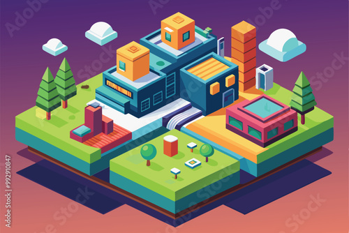 A colorful isometric design featuring urban structures, trees, and open spaces, inviting creative customization, Customizable isometric illustration with no data.