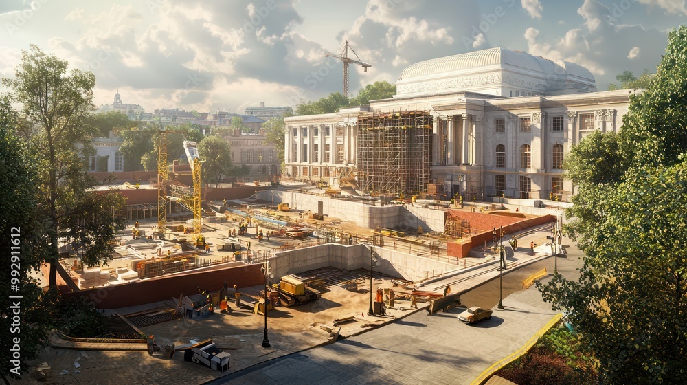 Hyper-realistic image of a new cultural center being built in a historic district, blending modern construction with traditional architecture Hyper-realistic image of a new cultural center being built in a historic district, blending modern construction with traditional architecture