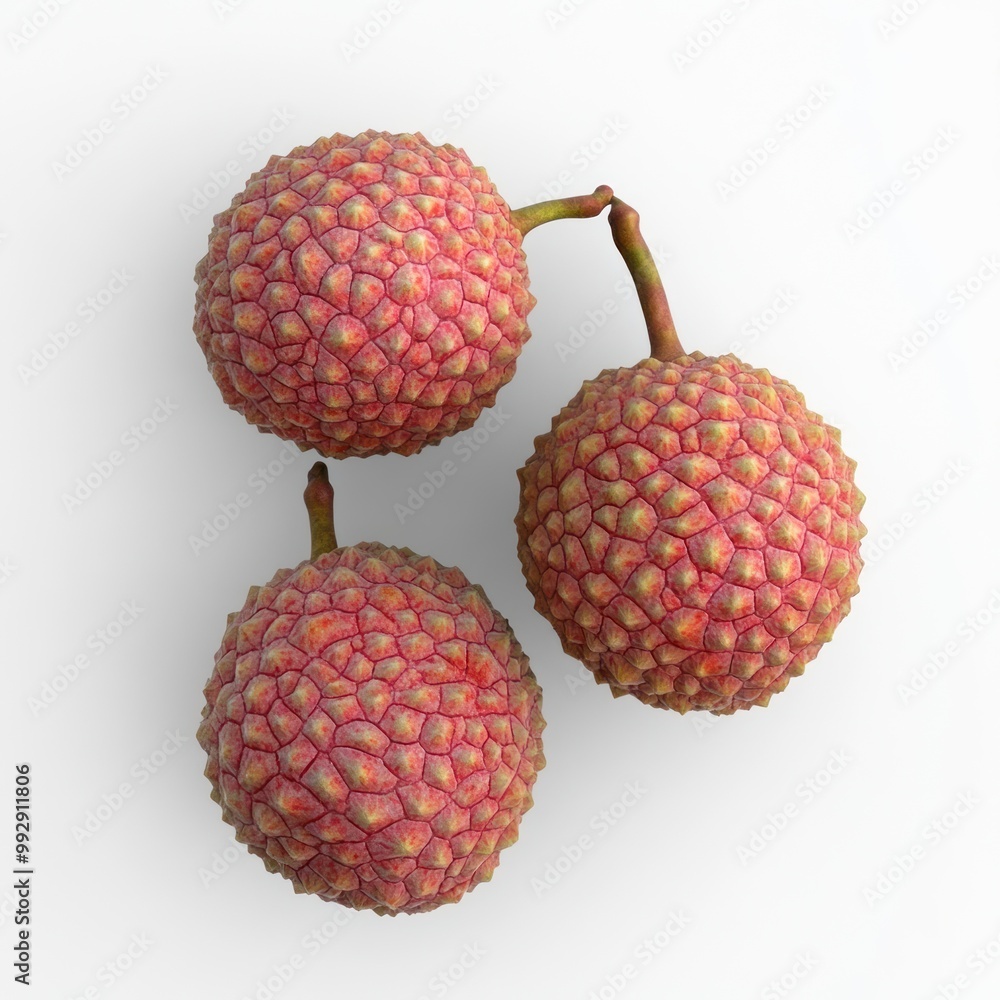 Three lychee fruits with textured skin on a white background. Three lychee fruits with textured skin on a white background.
