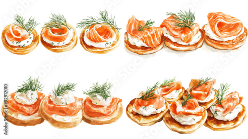 A set of six different types of fish and vegetable pastries. The pastries are arranged in a row, with each one having a different type of fish and vegetable. The pastries are all different sizes