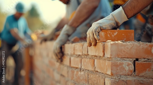 Close-up of construction workers building a brick wall, showcasing teamwork and craftsmanship under sunny weather.