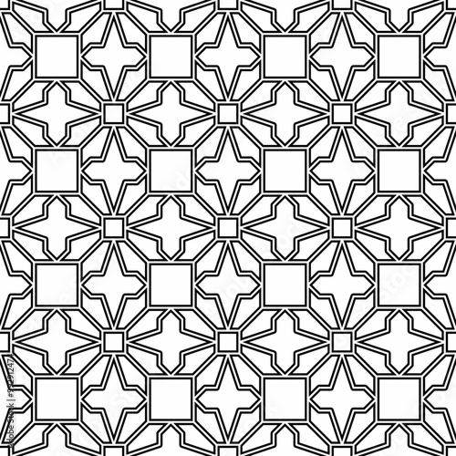 Seamless geometric pattern consisting of overlapping black and white lines on a white background forming a regular and symmetrical arrangement. Suitable for interior decoration, print, or graphic desi