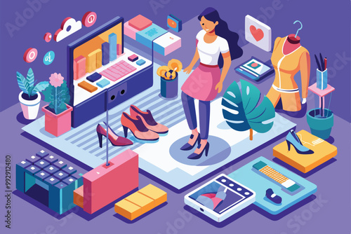 A fashion enthusiast explores a colorful boutique filled with stylish shoes and accessories on display, Customizable isometric illustrations for fashion blogging.
