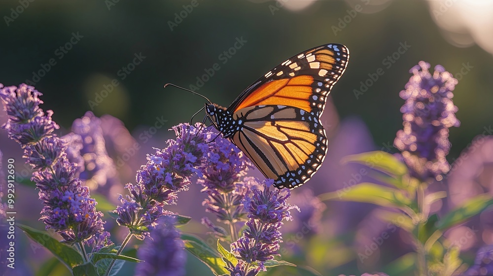 A Monarch Butterfly Gathers Nectar From Delicate Lavender Blossoms In The Warm Glow Of The Setting Sun A Monarch Butterfly Gathers Nectar From Delicate Lavender Blossoms In The Warm Glow Of The Setting Sun