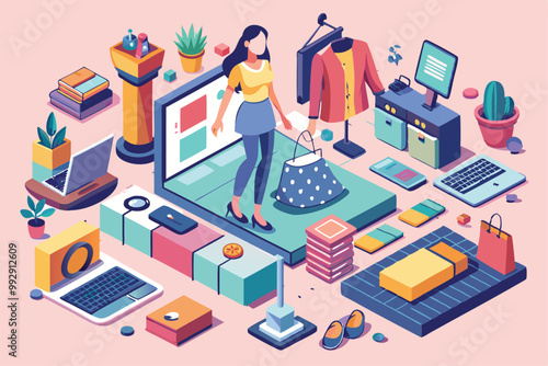 A woman is engaged in a shopping experience, holding a bag while surrounded by tech and fashion items, Customizable isometric illustrations for fashion blogging.