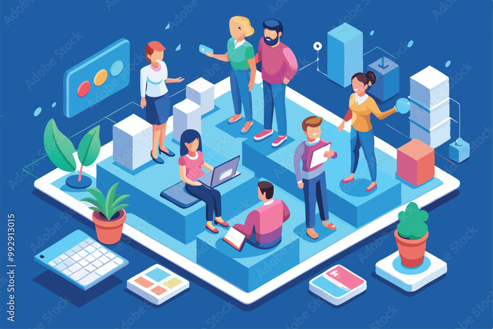 A group of diverse team members collaborates in a vibrant office setting, engaging with technology, Customizable isometric illustrations for new team members. A group of diverse team members collaborates in a vibrant office setting, engaging with technology, Customizable isometric illustrations for new team members.