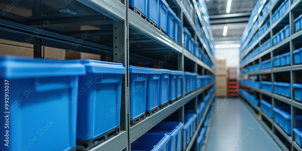 Blue Bins in a Modern Warehouse. Rows of blue plastic bins are organized on metal shelves within an automated warehouse, showcasing an efficient storage system for inventory management. Blue Bins in a Modern Warehouse. Rows of blue plastic bins are organized on metal shelves within an automated warehouse, showcasing an efficient storage system for inventory management.