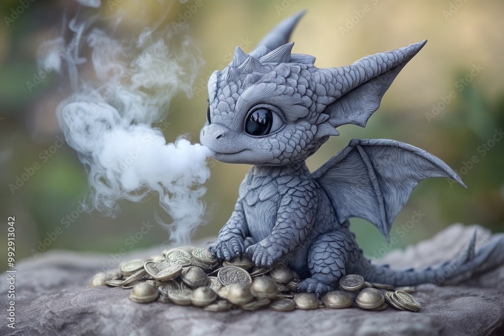 Fototapeta premium Treasure-guarding baby dragon blowing tiny smoke puffs