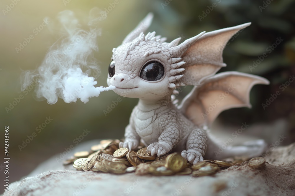 The cute baby dragon playfully guarding its treasure and blowing smoke The cute baby dragon playfully guarding its treasure and blowing smoke
