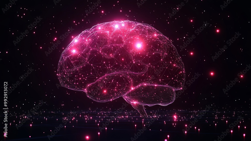 A glowing pink brain, connected by intricate lines, emerges from a field of sparkling lights, symbolizing the interconnectedness of the mind and the universe. A glowing pink brain, connected by intricate lines, emerges from a field of sparkling lights, symbolizing the interconnectedness of the mind and the universe.
