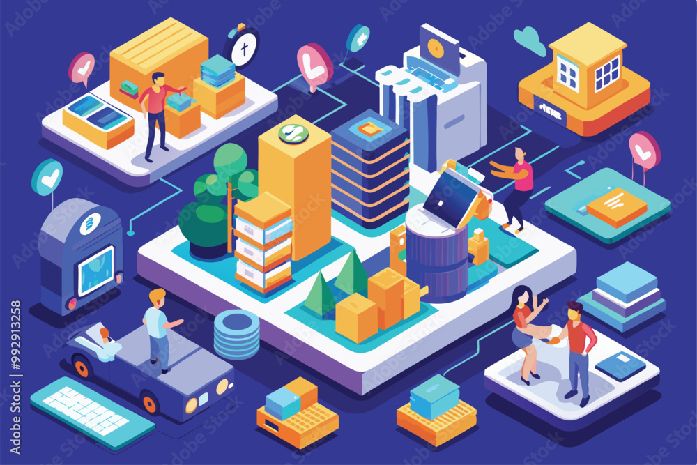 An isometric illustration depicts individuals engaging in various digital business tasks in a colorful cityscape, Customizable isometric illustrations for niche service marketplace. An isometric illustration depicts individuals engaging in various digital business tasks in a colorful cityscape, Customizable isometric illustrations for niche service marketplace.