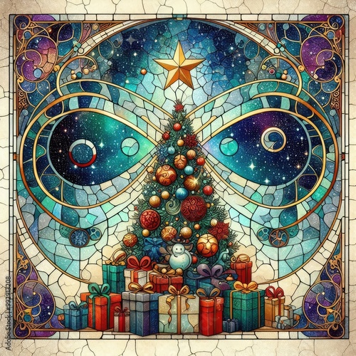 tained Glass Christmas Wonderland – Festive Tree and Gifts with Generative AI photo