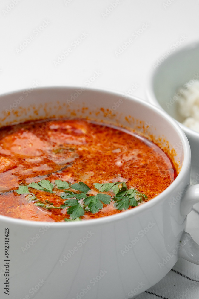 Bowl of curry with pieces of meat and a side of steamed rice arranged neatly for a meal Bowl of curry with pieces of meat and a side of steamed rice arranged neatly for a meal