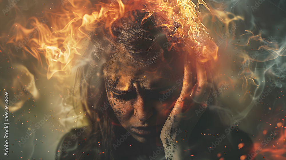 A man with a burning and smoking head as a concept for emotional burnout. AI Generated A man with a burning and smoking head as a concept for emotional burnout. AI Generated