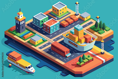 This illustration features a vibrant isometric port layout with buildings, a ship, and transportation elements, Customizable Isometric Port Illustration