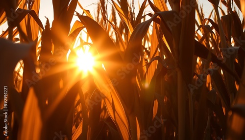 A dramatic shot of a golden sunburst filtering through tall cornstalks in the late afternoon. photo