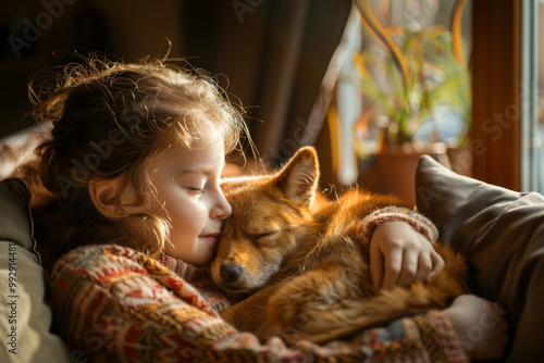 A little girl hugging her pet dog with love photo