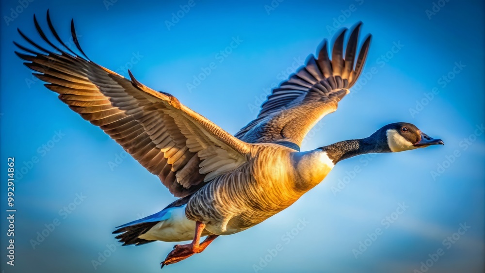 A magnificent goose glides effortlessly across a vivid blue sky, its graceful wings spread wide, a perfect display A magnificent goose glides effortlessly across a vivid blue sky, its graceful wings spread wide, a perfect display