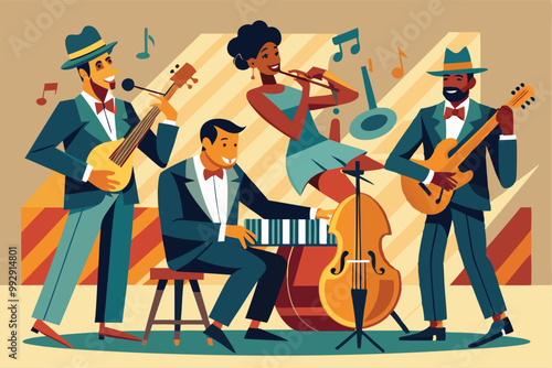 A vibrant jazz band plays energetically, showcasing their skills with a variety of instruments and styles, Customizable Jazz Band Illustration