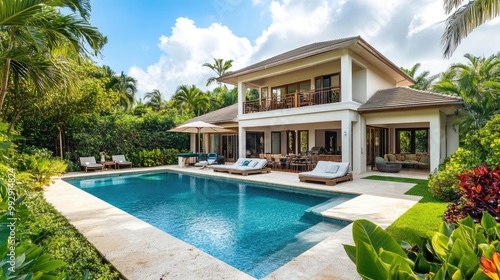 Contemporary vacation home in a lush, tropical garden with private pool and relaxing spaces