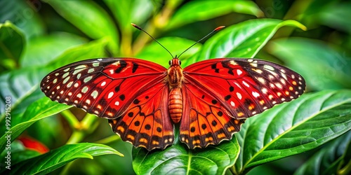 Amidst a tropical garden's greenery, a vibrant red cracker butterfly perches on leaves, showcasing the vivid colors of photo