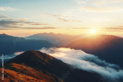 A Tranquil Sunrise View From A Mountain Top, With Soft Clouds Below. The Breathtaking Scenery Inspires A Sense