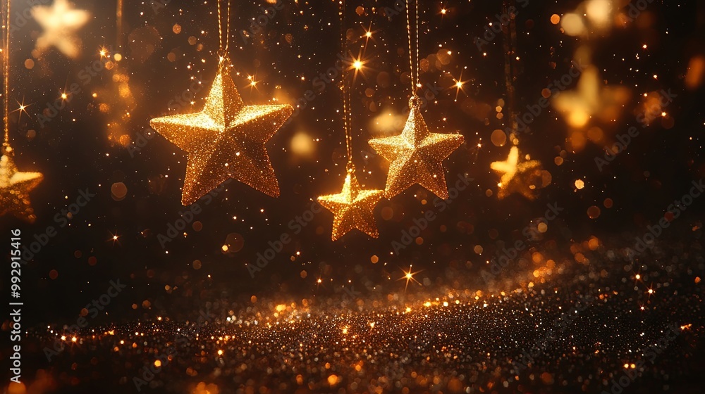 Obraz premium Golden Stars Dangle Above Shimmering Glitter, Creating a Festive and Magical Atmosphere