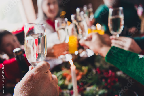 Photography Cropped blurred portrait of big family clink champagne glass festive christmas t