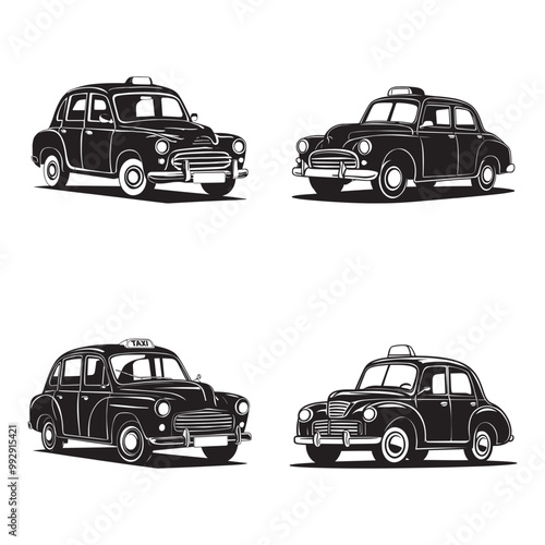 Vintage taxi silhouette vector set illustration in white background
