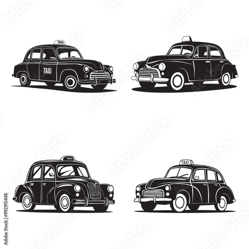 Vintage taxi silhouette vector set illustration in white background