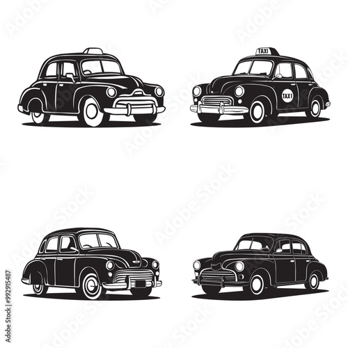 Vintage taxi silhouette vector set illustration in white background